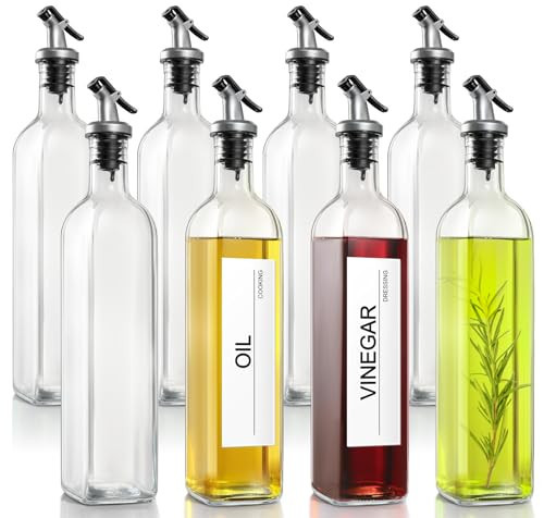 GMISUN Olive Oil Dispenser for Kitchen 8 Pack, Glass Oil Dispenser Bottle 17oz, Cooking Soy Sauce Bottle Container Cruet with Plastic Pourer Spout, Funnel and Labels, Clear | Amazon (US)
