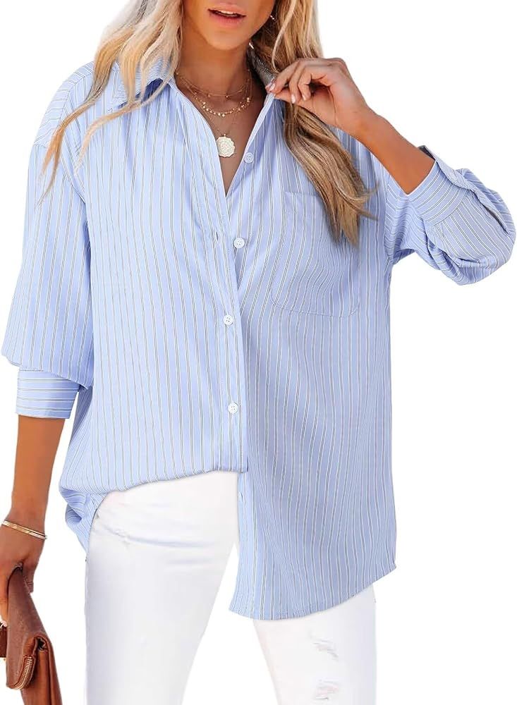 Astylish Women Blouses Oversized Striped Shirt Long Sleeve V Neck Button Down Work Tops | Amazon (US)