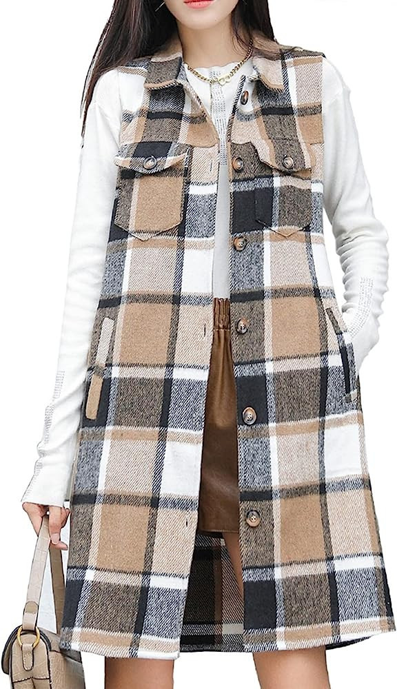Ainangua Women's Casual Flannel Wool Blend Plaid Button Down Sleeveless Vest Shirt Cardigans Jack... | Amazon (US)