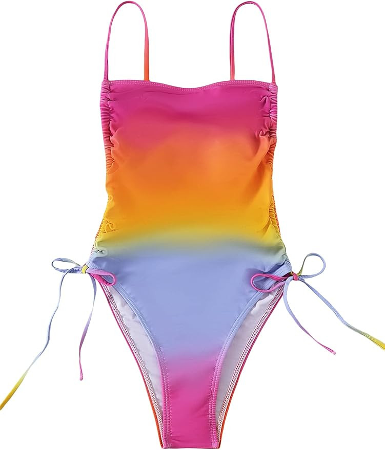 WDIRARA Women's Printed Drawstring Tie Side One Piece Swimsuit Ruched Monokini | Amazon (US)