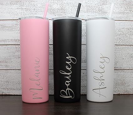 Personalized Tumbler - Laser Engraved - 20 oz Stainless Steel Skinny Tumbler - Includes Straw and... | Amazon (US)