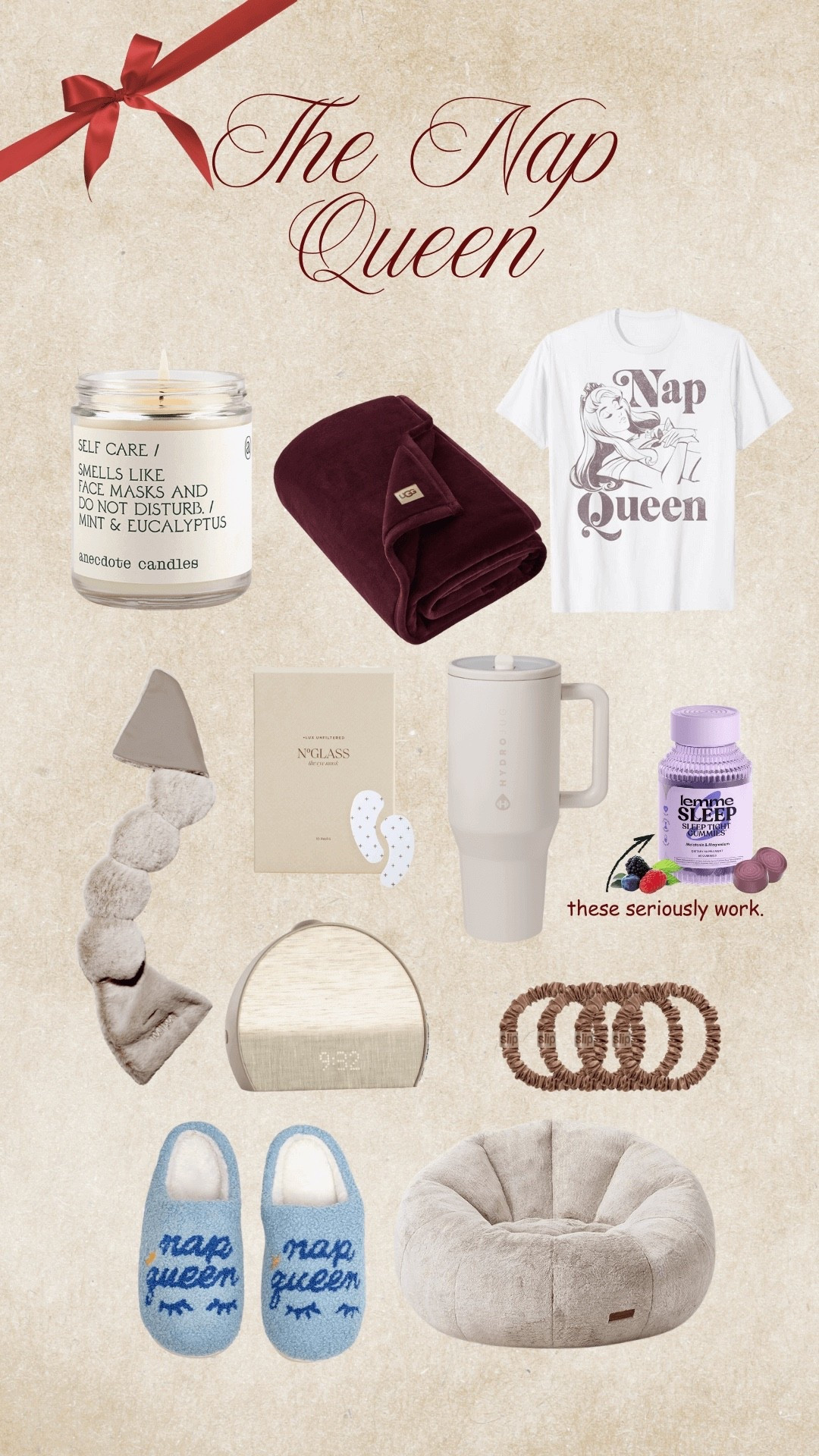 Gift ideas for the nap queen • lemme sleep gummies • nap queen tee • hydrojug • lux unfiltered under eye patches • 

#LTKHoliday #LTKGiftGuide #LTKCyberWeek