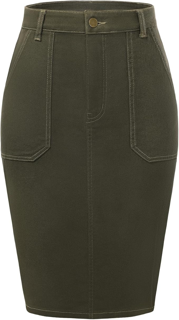 Belle Poque Women's Denim Skirt Stretchy High Waisted Below Knee Length Jean Skirt with Pockets S... | Amazon (US)