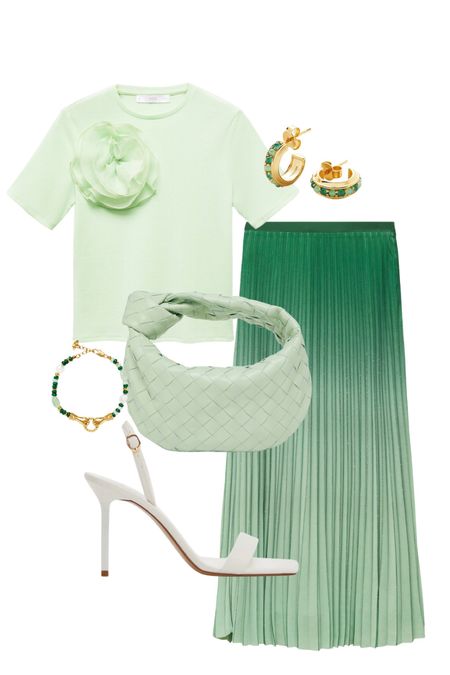 Green outfit, spring bank holiday outfit, wedding guest outfit, going out look.
Green T-shirt with maxi flower, ombré pleated skirt, white heels & green woven bag.


#LTKwedding #LTKparties #LTKstyletip