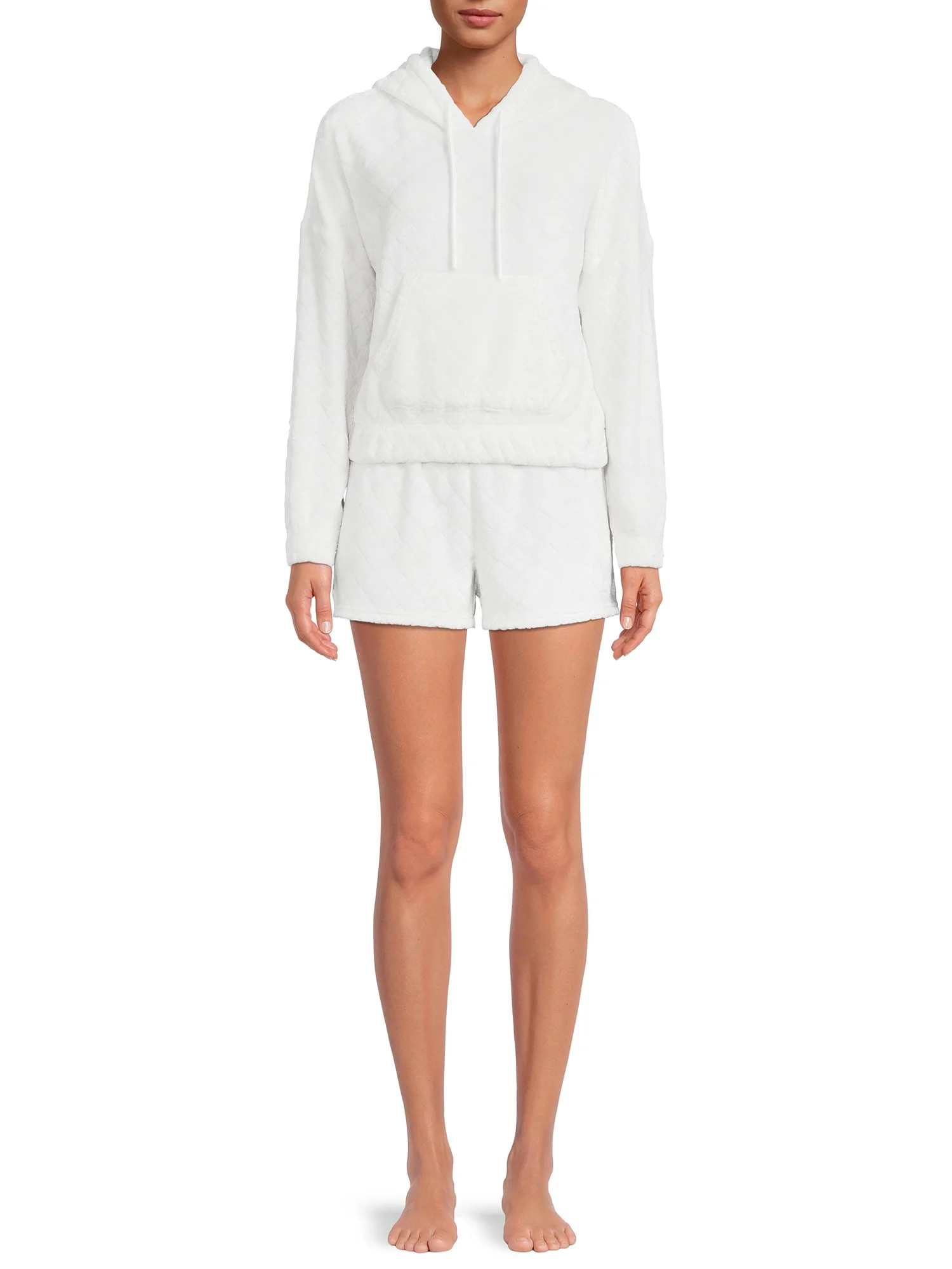 No Boundaries Juniors' Diamond Quilted Faux Fur Hoodie and Shorts, 2-Piece Set | Walmart (US)