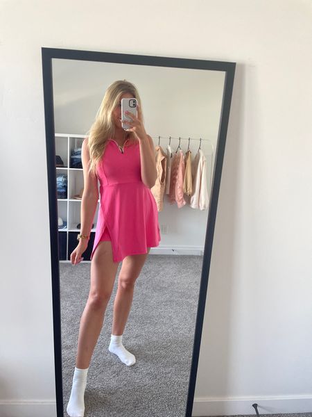 pink golf outfit!!! Wearing my usual size M! love the cute slit! shorts are separate which makes peeing easier lol

| womens golf outfit | tennis dress | athletic dress | golf dress | amazon fashion 

#LTKActive #LTKFindsUnder50