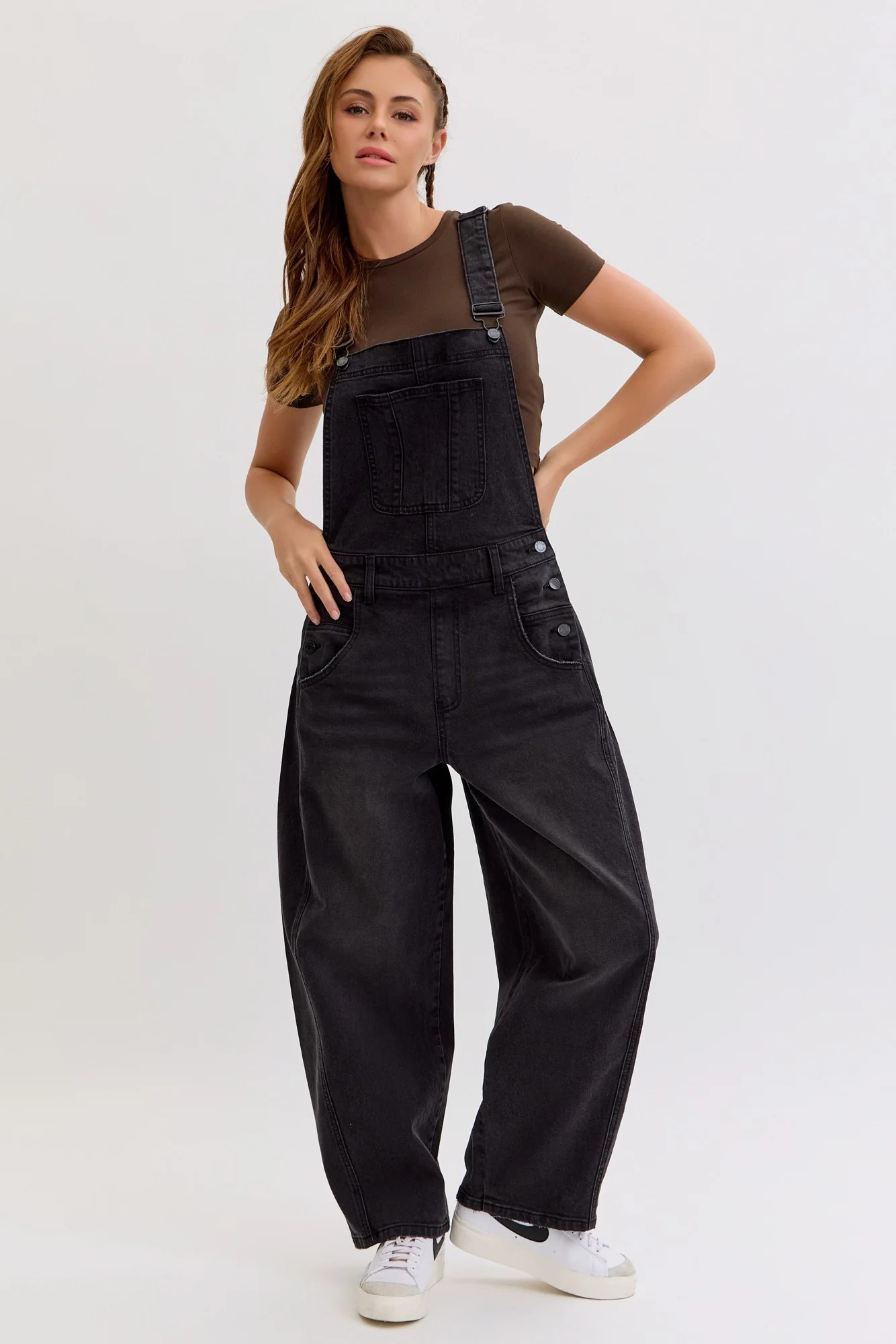 Black Barrel Leg Denim Overalls | PinkBlush Maternity