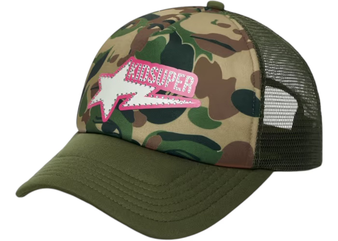BAPE x KidSuper Sta Logo Rhinestone Trucker CapGreen | StockX