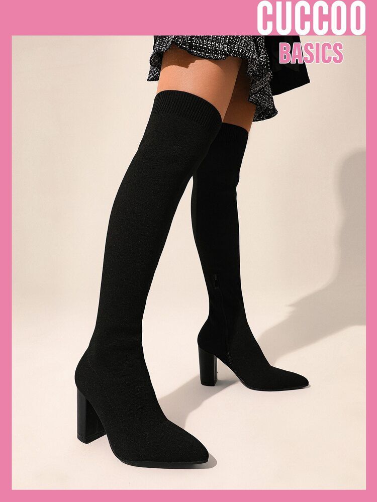 CUCCOO Basic Minimalist Point Toe Chunky Heeled Boots | SHEIN