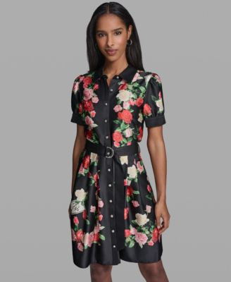 Karl Lagerfeld Paris Women's Printed Belt Collared Dress - Black Multi | Macy's