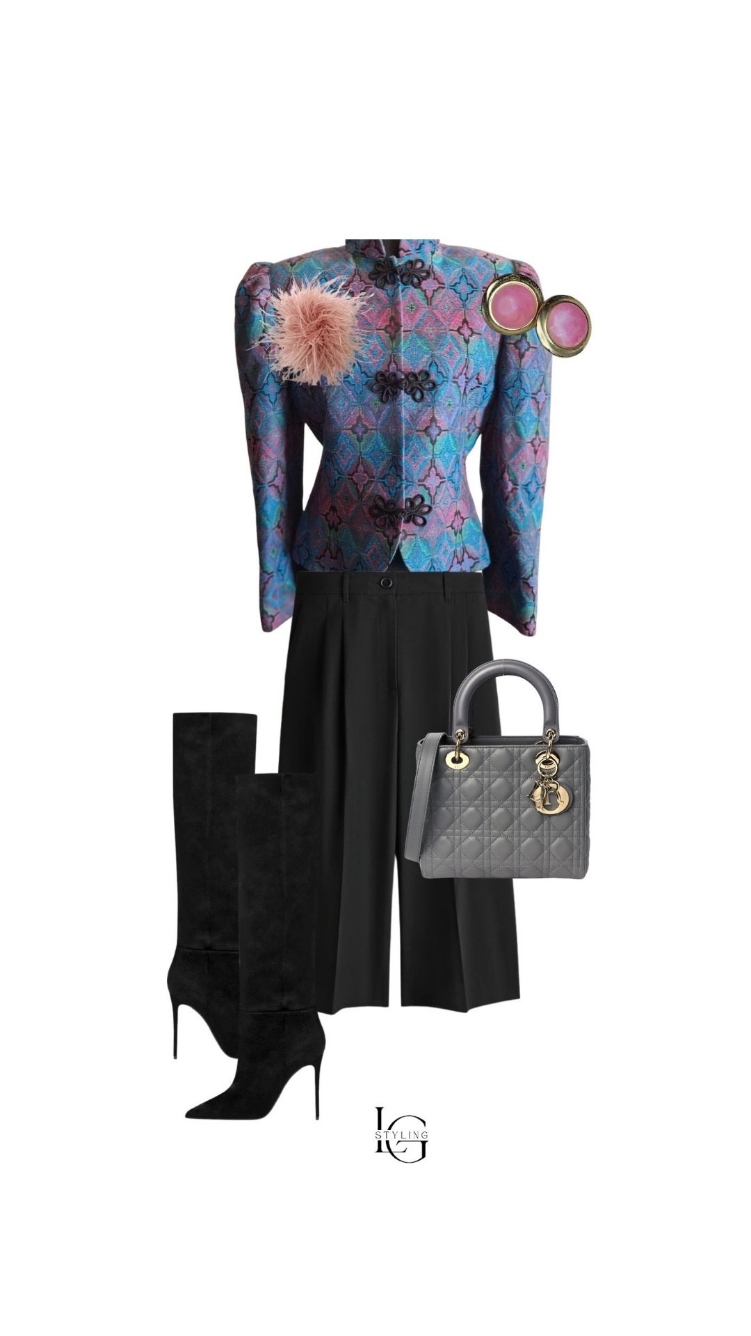 A dramatic statement jacket deserves an equally chic supporting cast. I styled this look with wide leg black trousers, sleek black heeled boots, and a structured ladylike bag for a polished outfit with fashion-forward edge. The soft feather brooch and pink earrings add just enough contrast to make the colors in the jacket pop. This is one of those looks that feels editorial, refined, and unforgettable.