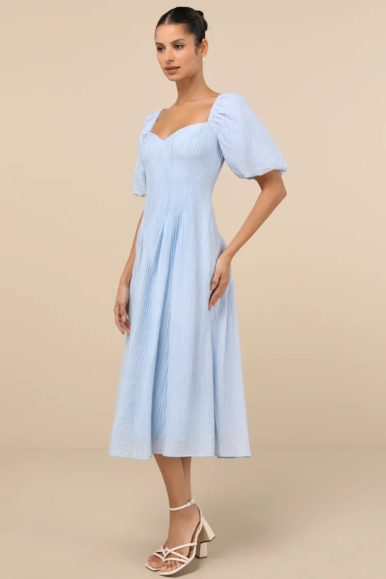 Heavenly Energy Blue Textured Puff Sleeve Pleated Midi Dress | Lulus