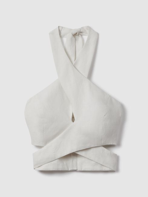 LINEN HALTER NECK CROPPED TOP | Reiss UK