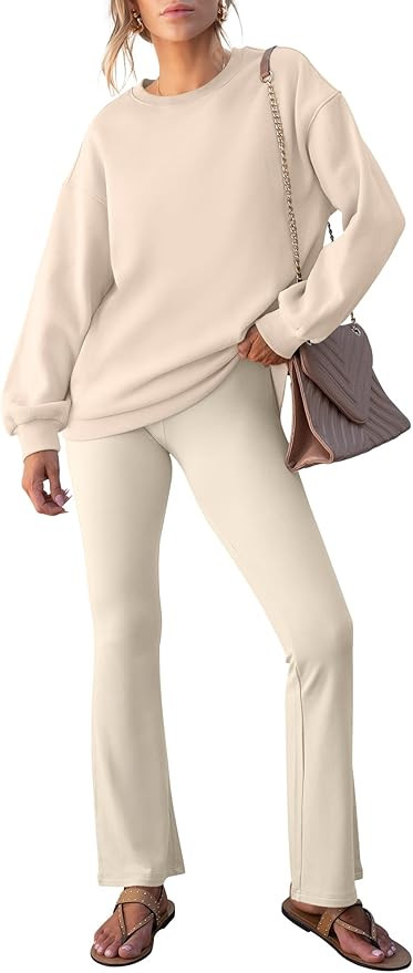 ANRABESS Women 2 Piece Sweatsuits Lounge Set Oversized Fleece Crewneck Sweatshirts Flare Pants 20... | Amazon (US)