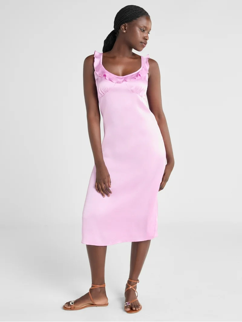 Scoop Women’s Satin Midi Dress with Ruffle Neckline, Sizes XS-XXL | Walmart (US)