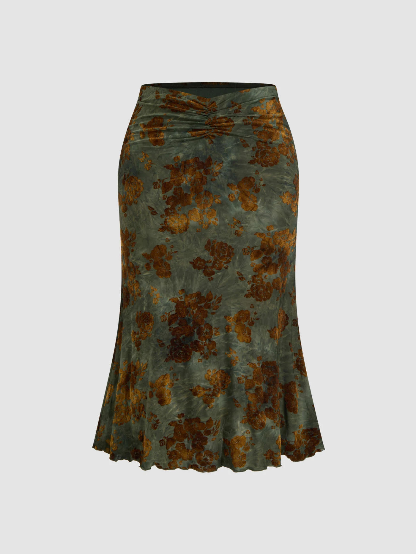 Knit Fabric Mid Rise Floral Ruched Maxi Skirt Curve & Plus For Vacation | Cider