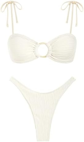 ZAFUL Women's Sexy Tie Spaghetti Strap Bikini Textured O Ring Ruched High Leg Swimsuit Cheeky Bat... | Amazon (US)