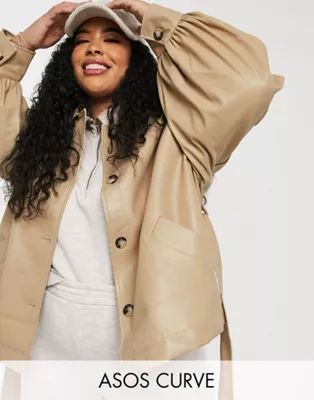ASOS DESIGN Curve faux leather jacket with sleeve drama in putty | ASOS (Global)