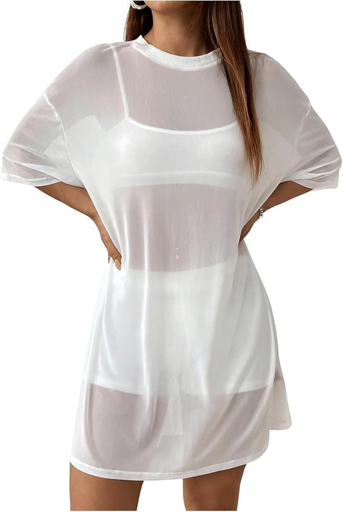 Verdusa Women's Sheer Mesh Dress Loose See Through Half Sleeve Beach Cover Up | Amazon (US)