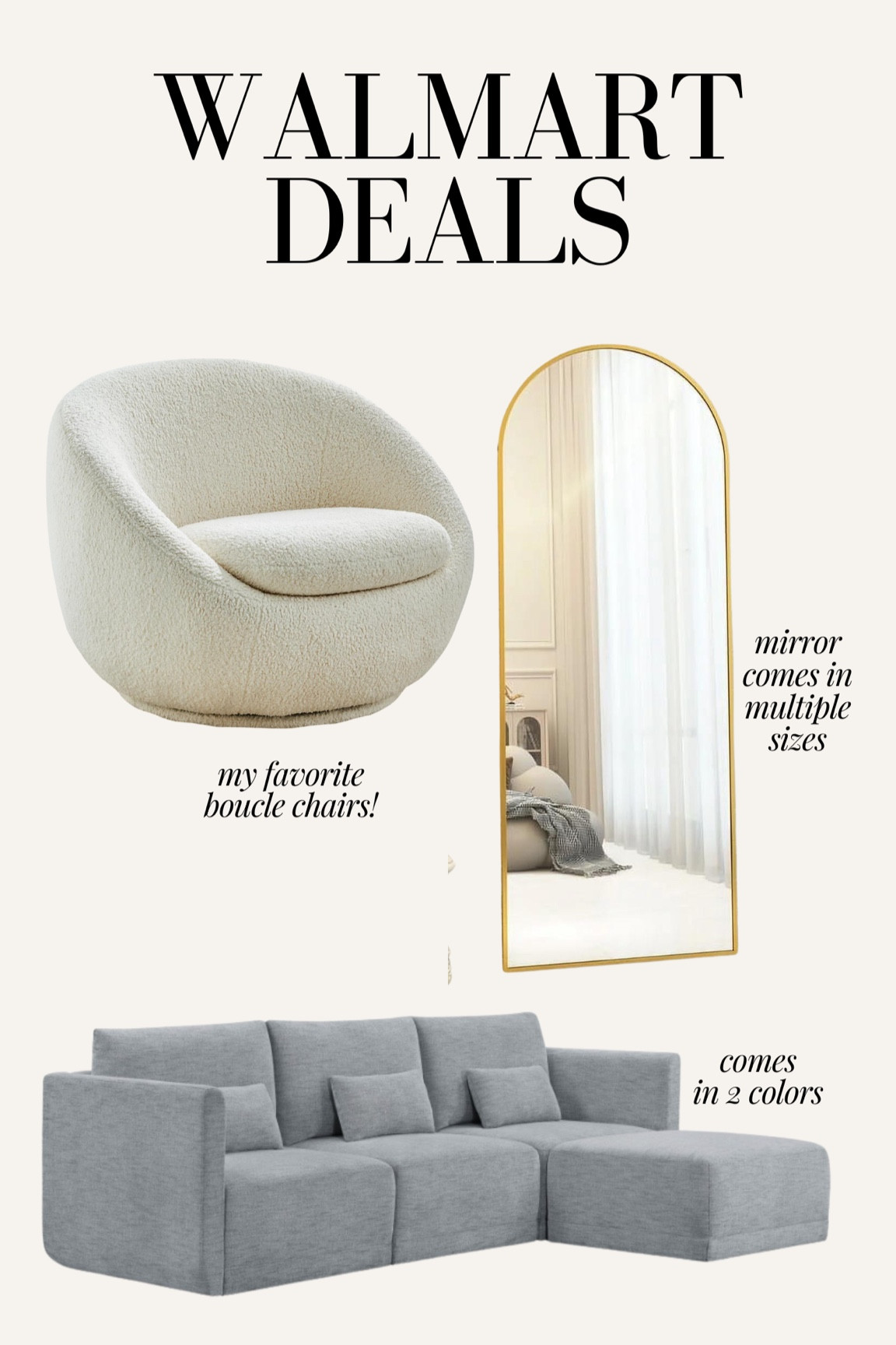 Walmart deals! Walmart home sale, boucle chair, arch mirror, affordable sofa, drew barrymore sofa 

#LTKHome #LTKSaleAlert #LTKSummerSales