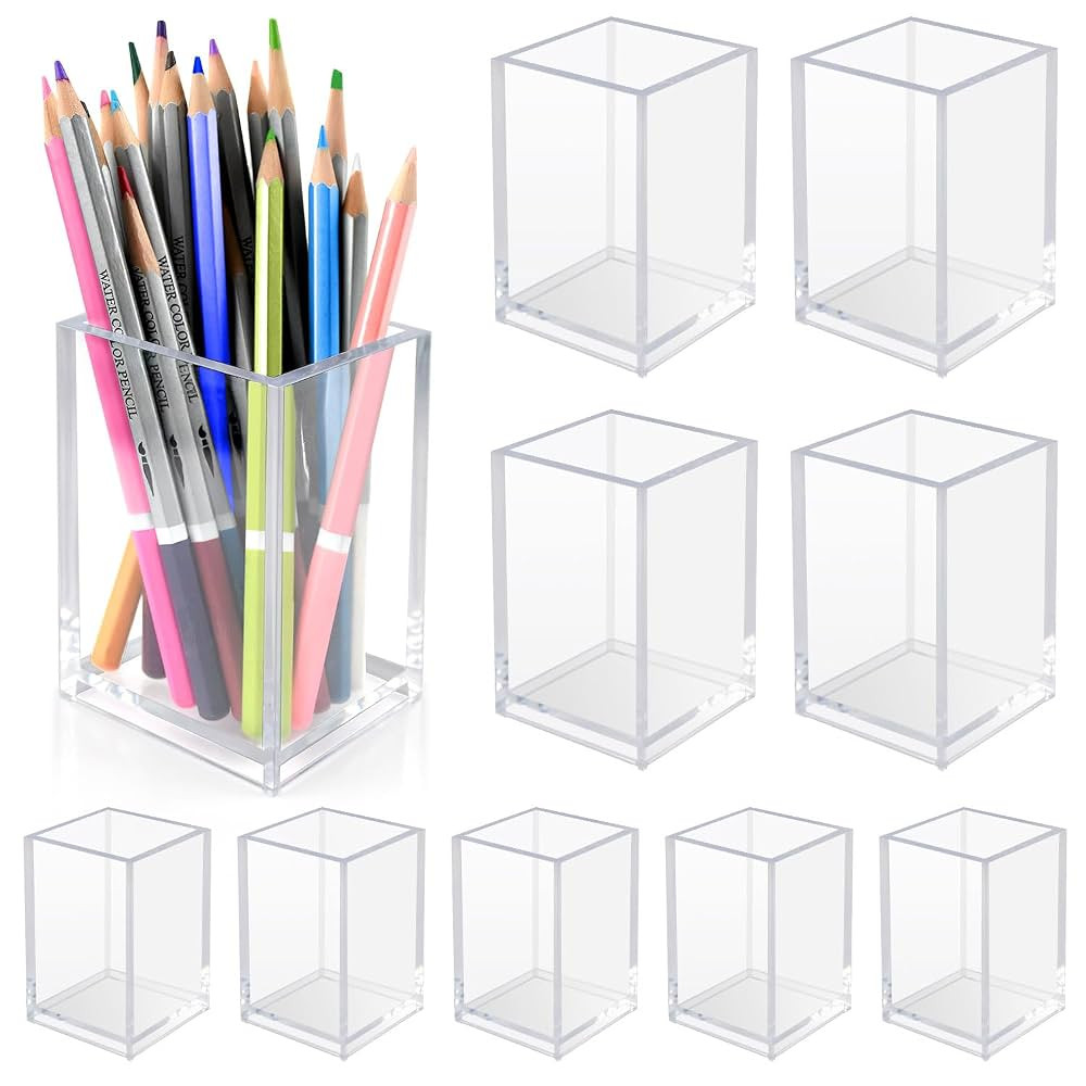 10 Pack Clear Acrylic Pen Holder for Desk, Pencil Cup Makeup Brush Organizer, Square Acrylic Penc... | Amazon (US)