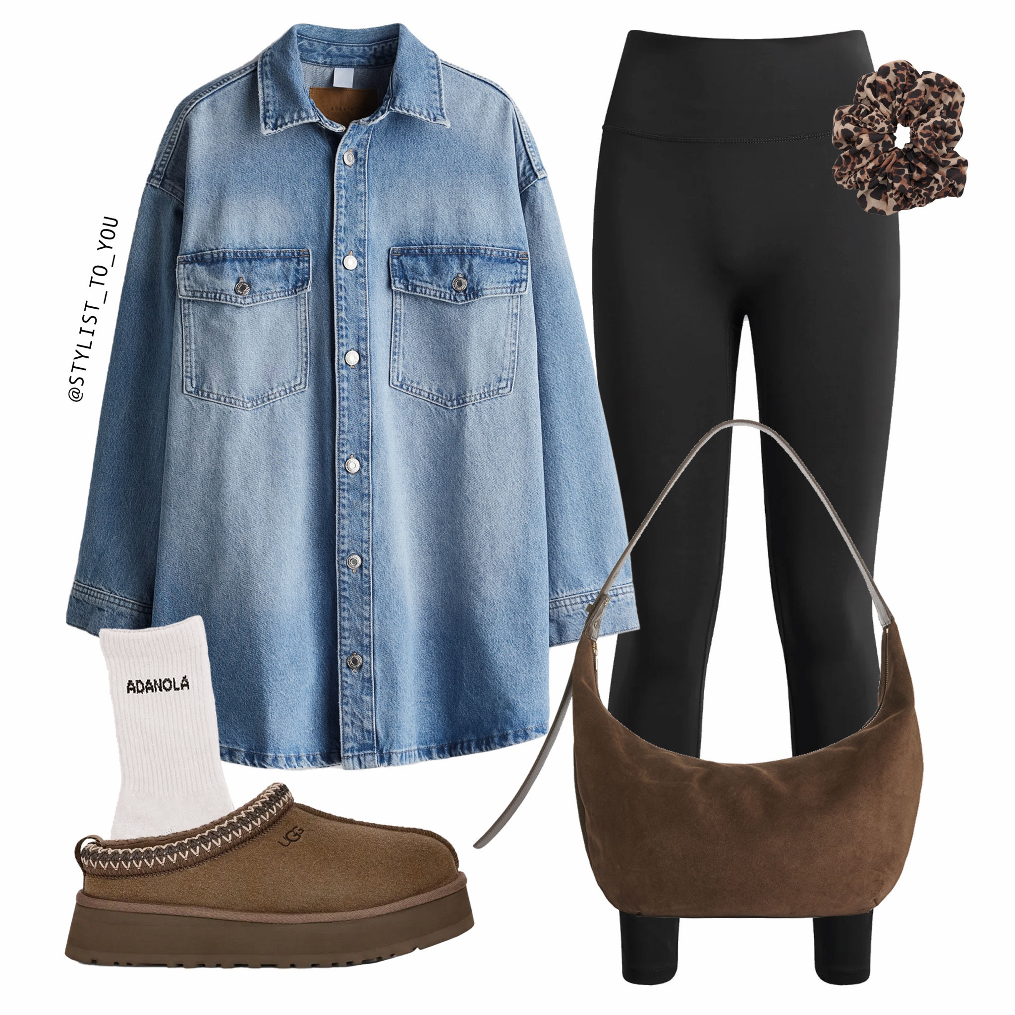 Easy outfit idea 🍂

Styling a light-mid wash oversized denim shirt paired with black seamless adamola leggings. Accessories include brown UGG tazz slippers shoes with whiye beige cream ecru motif socks, a brown suede shoulder bag, and a leopard print scrunchie. This comfortable, layered look is perfect for an autumn day. Casual cozy outfit, cosy vibes, fall fashion, autumn styling, comfy style, athleisure, effortless layering. eutral, colourless, sophisticated look, classic, everyday outfit, effortless style, accessories, easy outfit, capsule wardrobe, smart look, autumn outfit, cos, Mango, H&M, & other stories, timeless, chic, city break, modern look, simplicity, simple, it girl, smart casual, relaxed, AW25, neutral colours, fall Style, Fashion Inspiration, Outfit Ideas, Going out, Casual Outfits, Virtual Stylist, Styling Tips, How to Wear, Wardrobe Inspo

#LTKeurope #LTKautumn #LTKuk