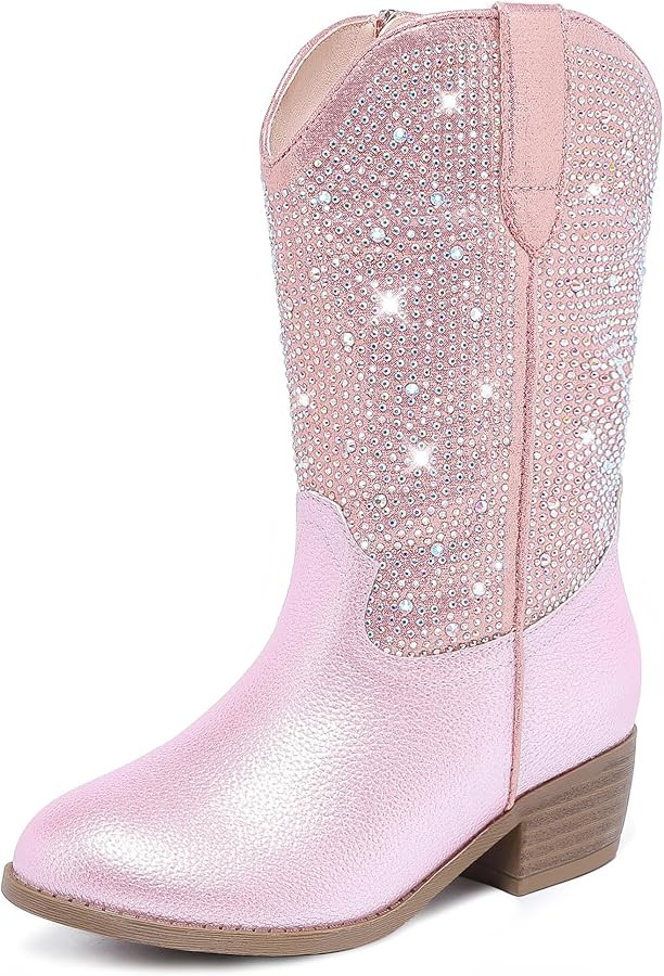 Rhinestone Sparkly Girls Cowgirl Cowboy Boots Little Kids Dress Boot Pointed Toes Low Heel Mid Ca... | Amazon (US)
