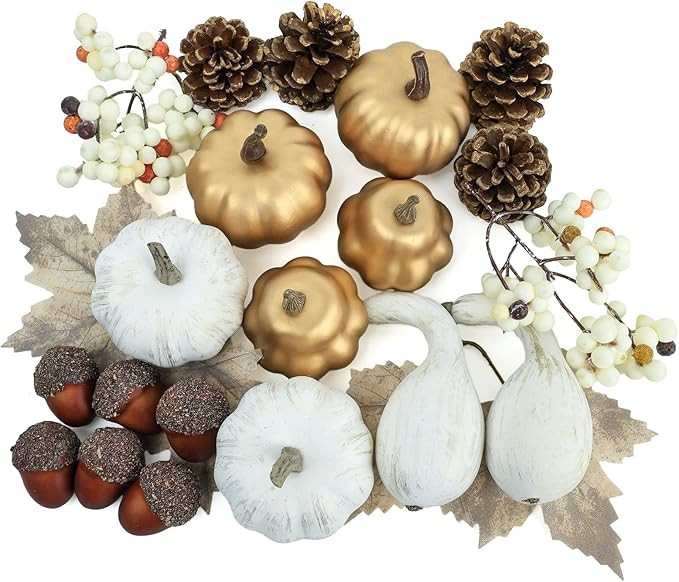 22 Pcs Fake Pumpkins,Fall Decorations for Home with White Pumpkins Fall Leaves, Pine Cones, Berri... | Amazon (US)