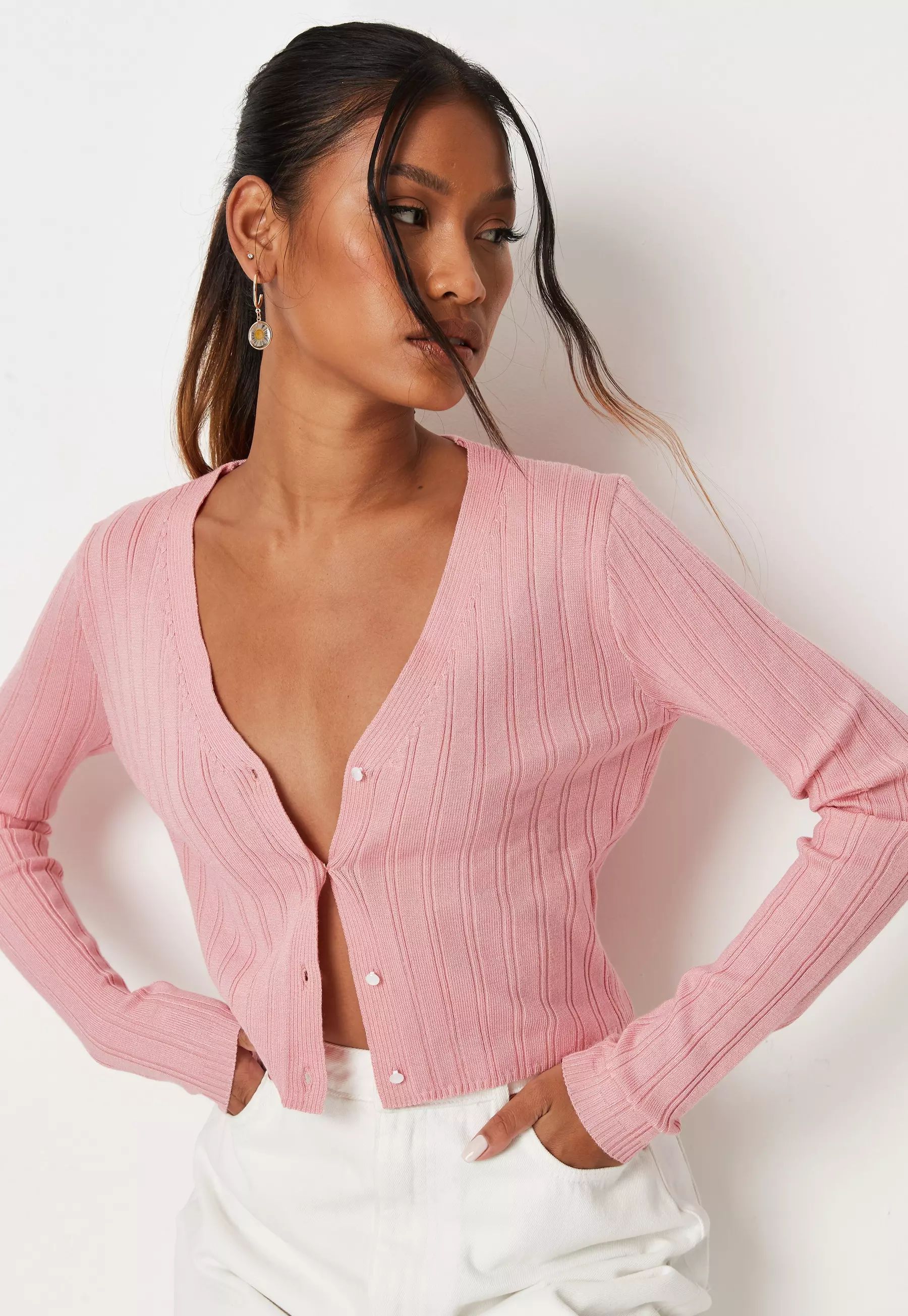 Pink Skinny Rib Pearlised Knit Cardigan | Missguided (US & CA)