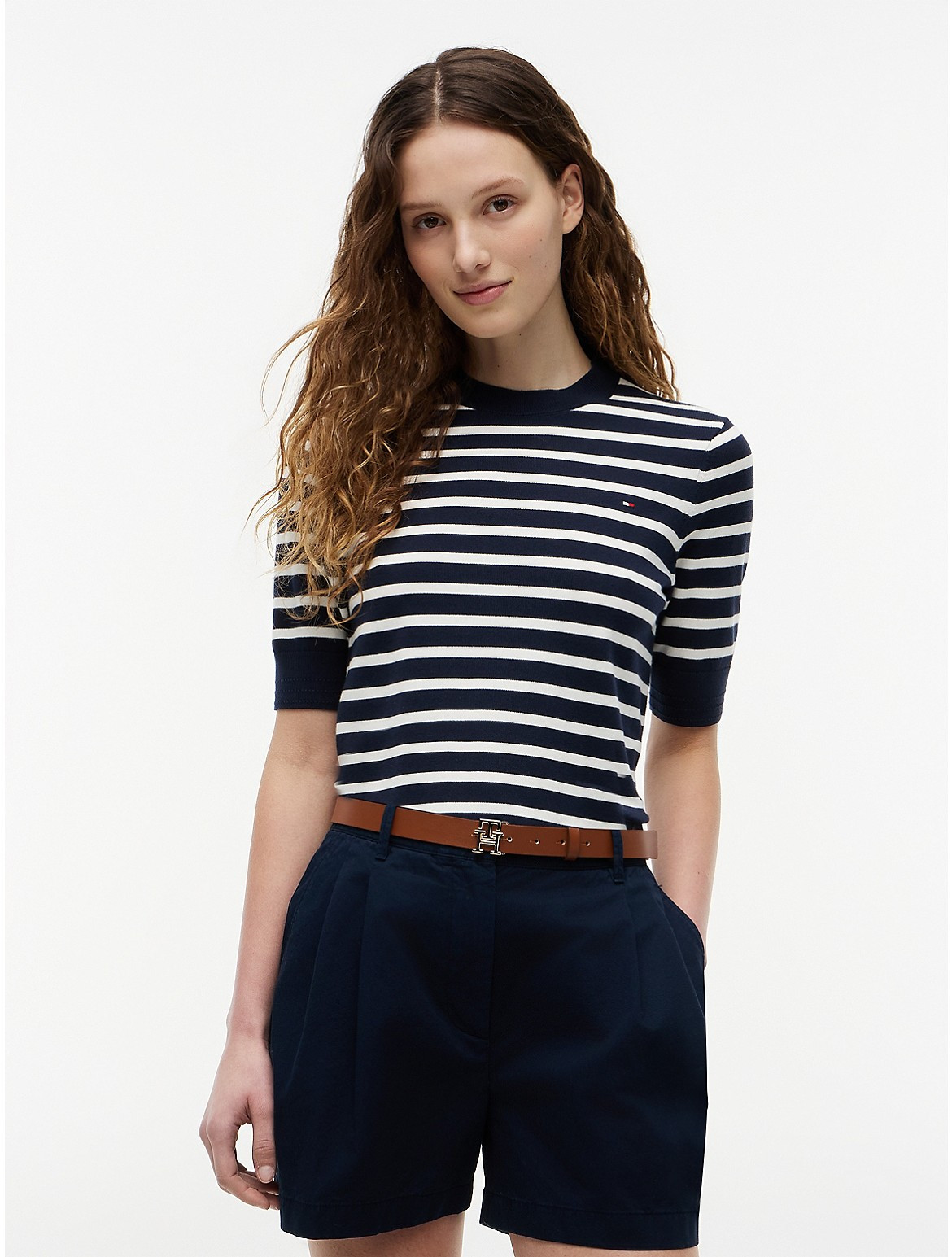Tommy Hilfiger Women's Short-Sleeve Crewneck Sweater - Navy/Ivory Stripe - M | Tommy Hilfiger (US)