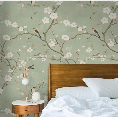 Serene Spring Birds and Blossoms Wallpaper Chinoiserie Wall Mural Peel and Stick Roll | Wayfair North America