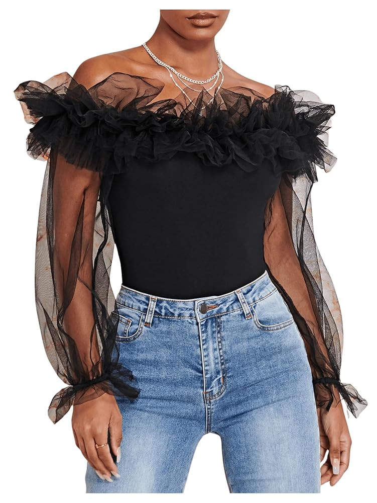 OYOANGLE Women's Ruffle Off Shoulder Blouse Mesh Puff Sleeve Party Tops Fitted Tee Shirt | Amazon (US)