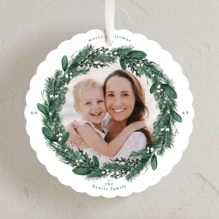 "Pine Wreath" - Customizable Holiday Ornament Cards in Green by Gwen Bedat. | Minted