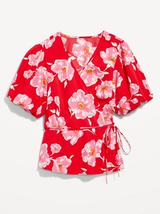 Waist-Defined Floral Puff-Sleeve Tie-Wrap Blouse for Women | Old Navy (US)