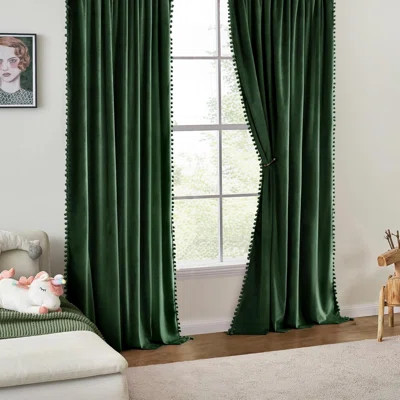 Christmas Emerald Green Pom Pom Velvet Curtains For Bedroom/Living Room Darkening Thermal Insulating 84 Inches Long Blackout Curtain With Rod Pocket F | Wayfair North America