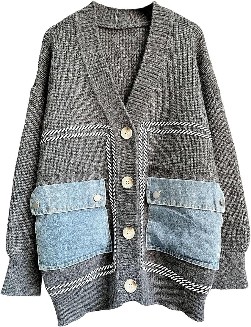 ebossy Women's Spliced Denim Pockets Knit Cardigan Button Down Slouchy Stripe Sweater Outwear | Amazon (US)