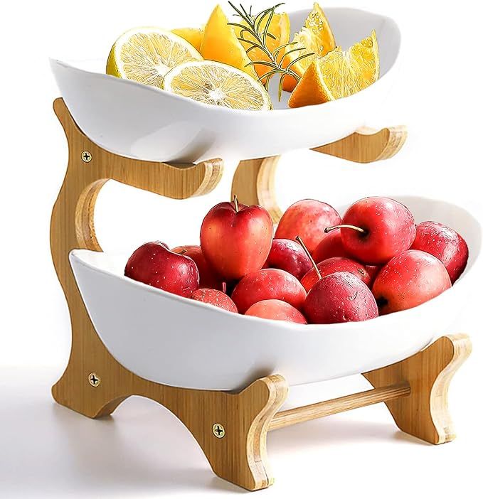 HOMKULA Fruit Bowl for Kitchen Counter - 2 Tier Ceramic Fruit Basket, White Fruit Holder for Kitc... | Amazon (US)