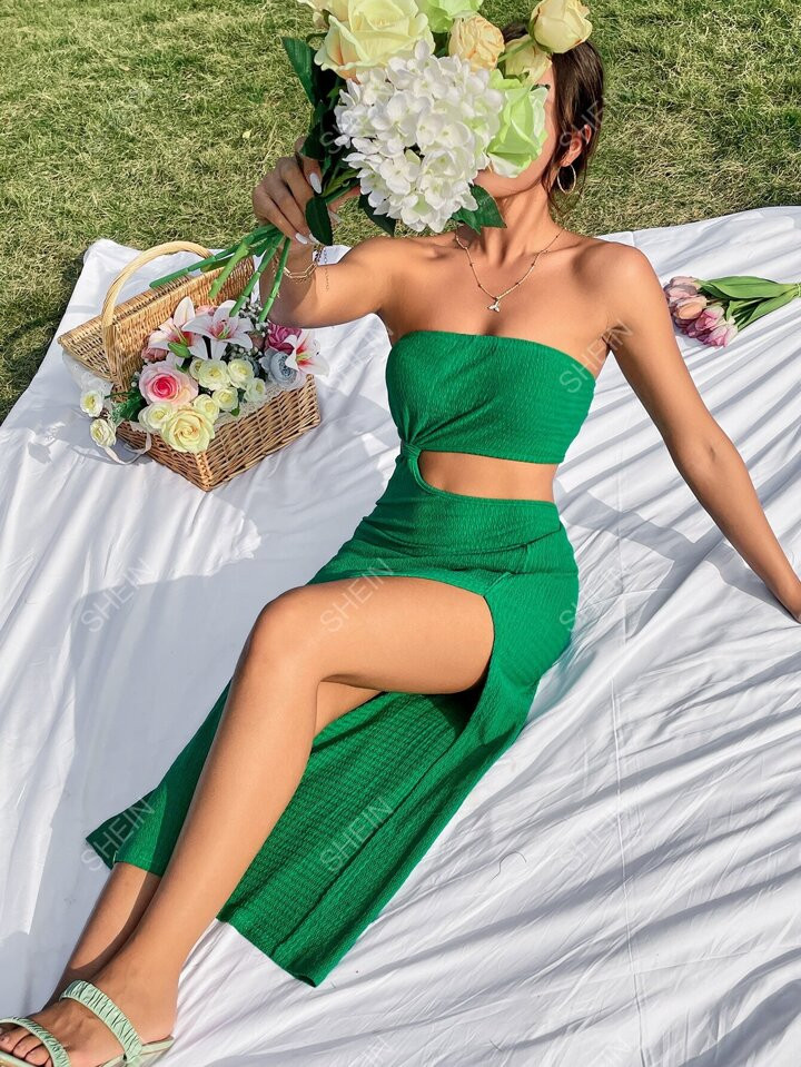 SHEIN VCAY Women Cut Out Split Thigh Summer Beach Tube Bandeau Green Bodycon Dress | SHEIN