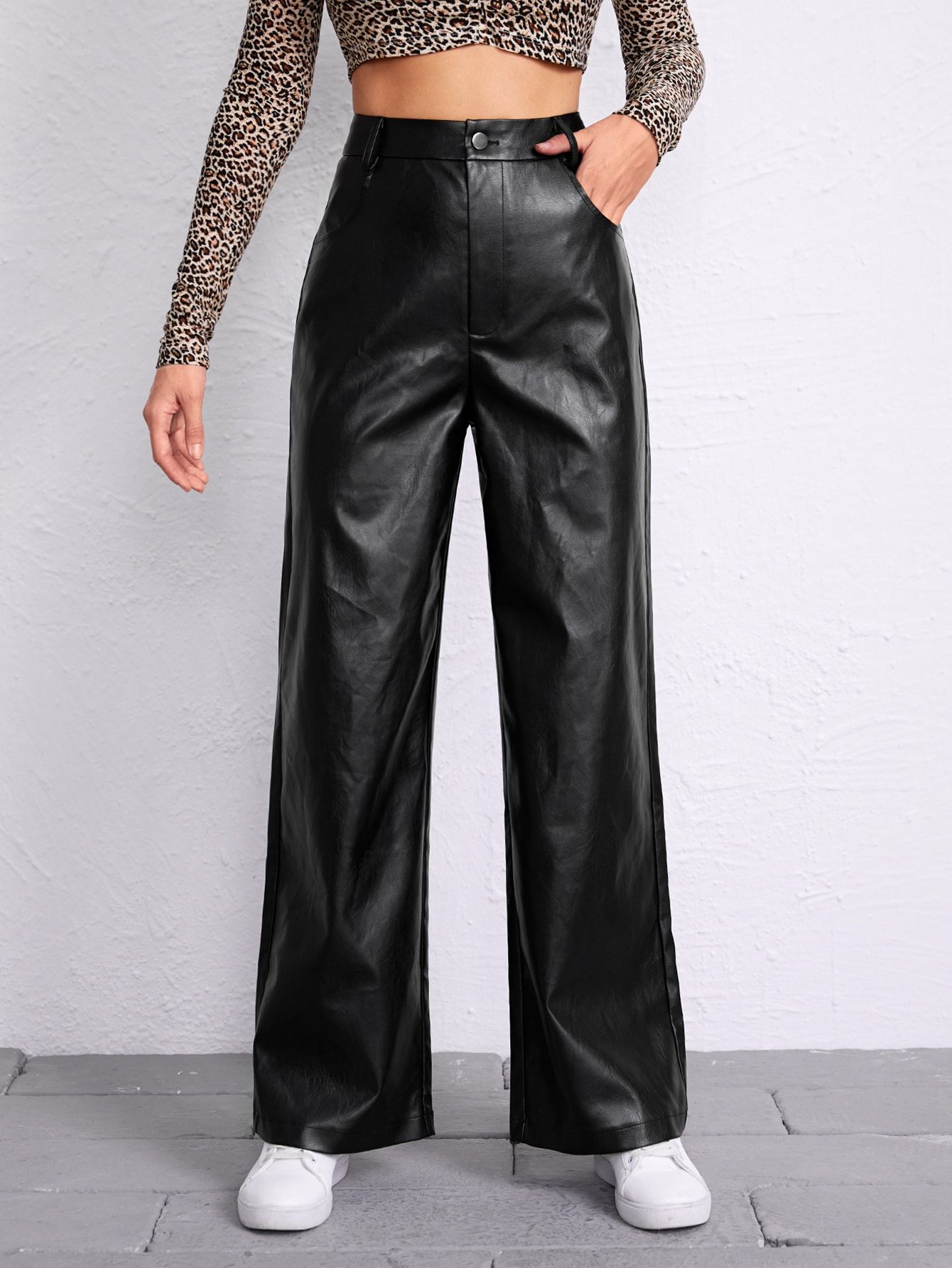 SHEIN Zipper Fly Slant Pocket PU Palazzo Pants | SHEIN