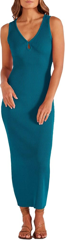 Ferlema Womens Summer Casual Sweater Dress Ribbed Knit V Neck Sleeveless Bodycon Cocktail Midi Dr... | Amazon (US)