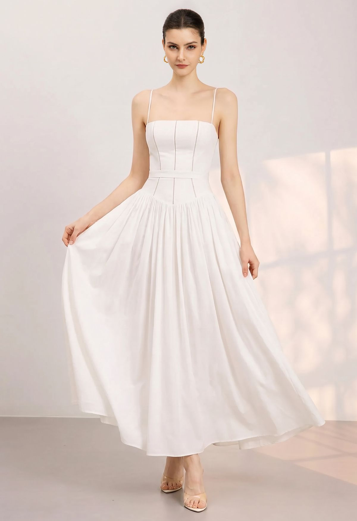 Solid Color Ladder-Lace Spaghetti Strap Dress in White for Bridal Shower & Garden Elopement | Chicwish