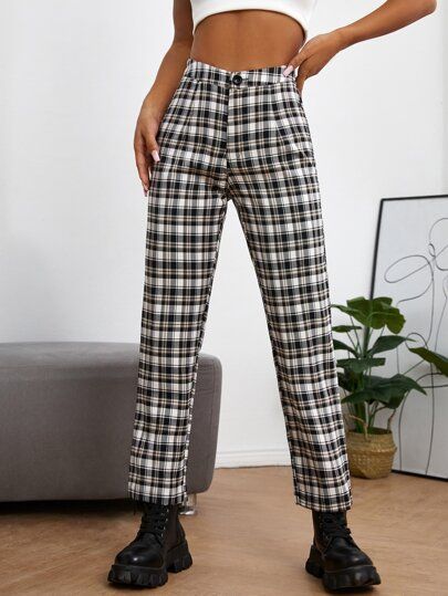 SHEIN PETITE Plaid Straight Leg Pants | SHEIN