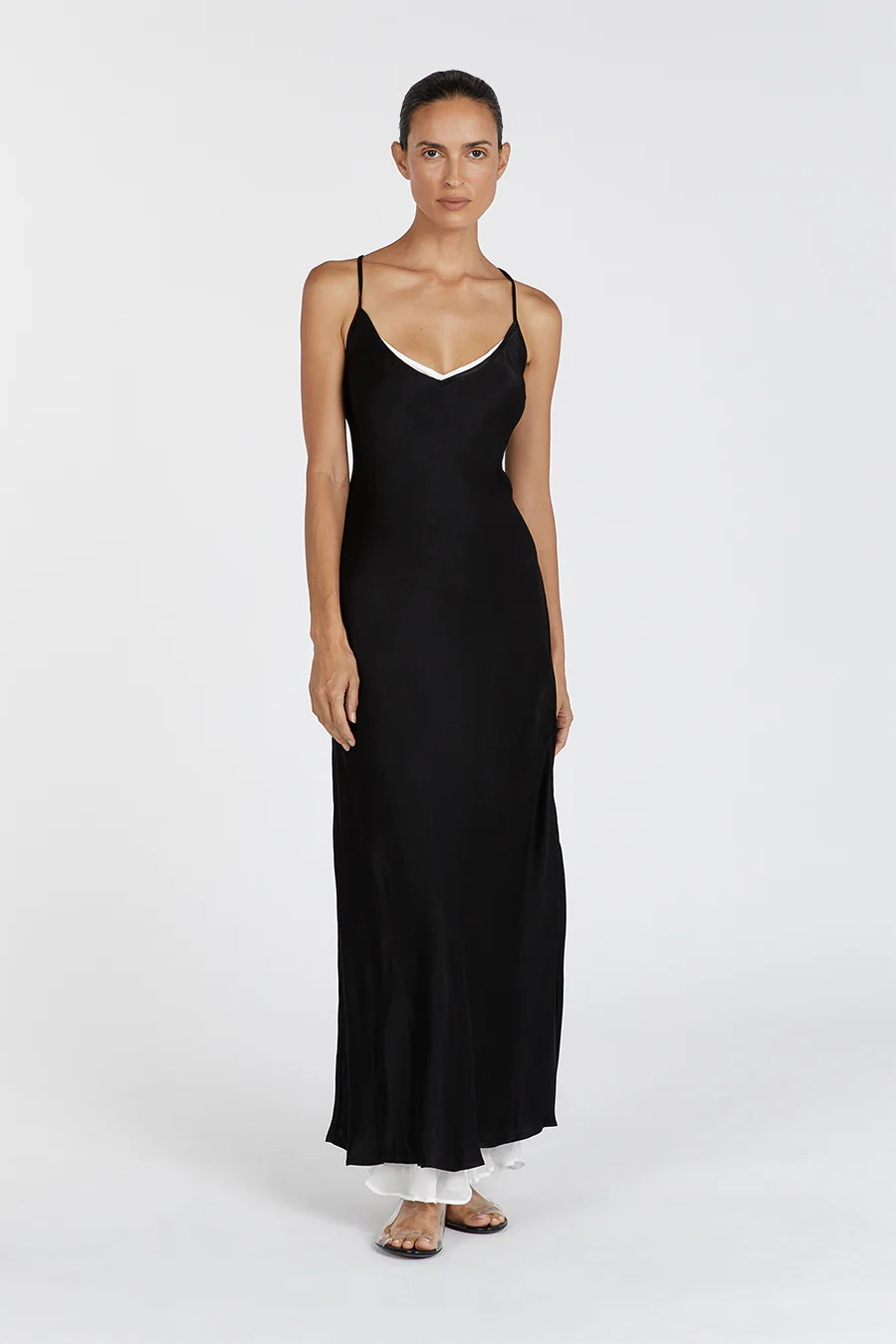 FAY BLACK SATIN V NECK SLIP MAXI DRESS | DISSH
