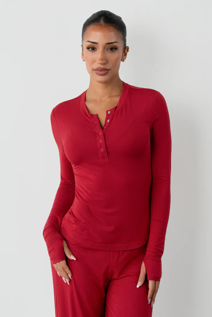 Vitality Float Rib Henley Top - Crimson | Vitality