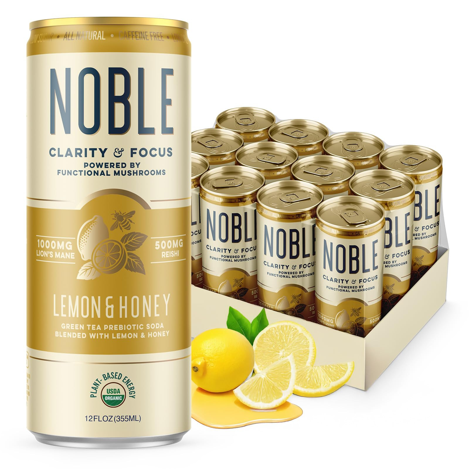 Noble Elixirs Lemon & Honey Prebiotic Soda, All-Natural Nootropic Drink with USDA Organic Lion’s Mane & Reishi Adaptogens, Mental Clarity & Focus, Non-GMO, Gluten-Free, 12 FL. OZ., 12 Pack | Amazon (US)