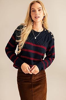 GRACE KARIN Women's 2024 Fall Winter Striped Sweater Oversized Crew Neck Cable Knit Sweater Butto... | Amazon (US)