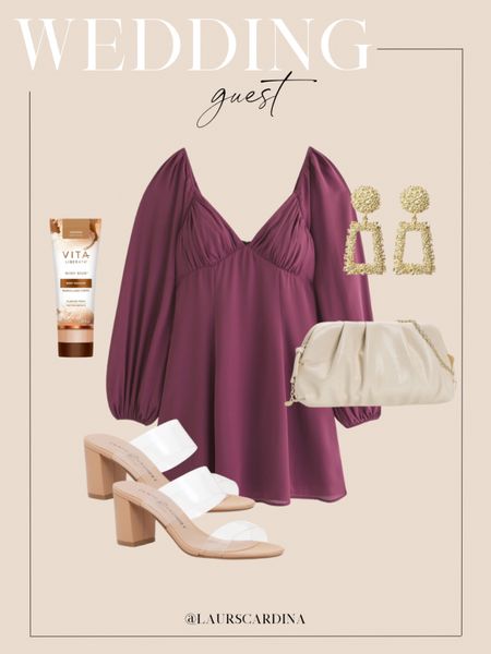 Wedding guest outfit inspiration includes a long sleeve mini dress paired with nude strappy heels, gold earrings, a nude purse, and body makeup. 

Ootd, date night, wedding guest dress

#LTKstyletip #LTKfindsunder50 #LTKshoecrush