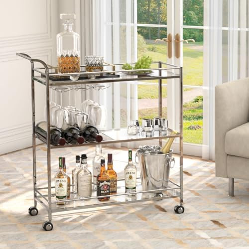 Bar Cart Silver, Home Bar Serving Cart, Modern Bar Cart with 3-Tier, Mobile Kitchen Shelf with Wi... | Amazon (US)