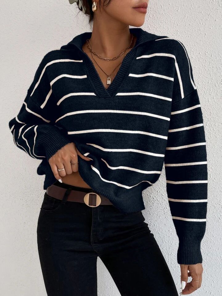 SHEIN Frenchy Striped Notched Drop Shoulder Sweater | SHEIN