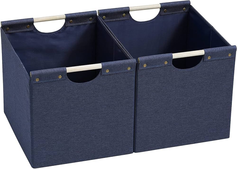 HOONEX Large Foldable Storage Bins, Linen Fabric, Pack of 2, Storage Baskets with Wooden Carry Ha... | Amazon (US)